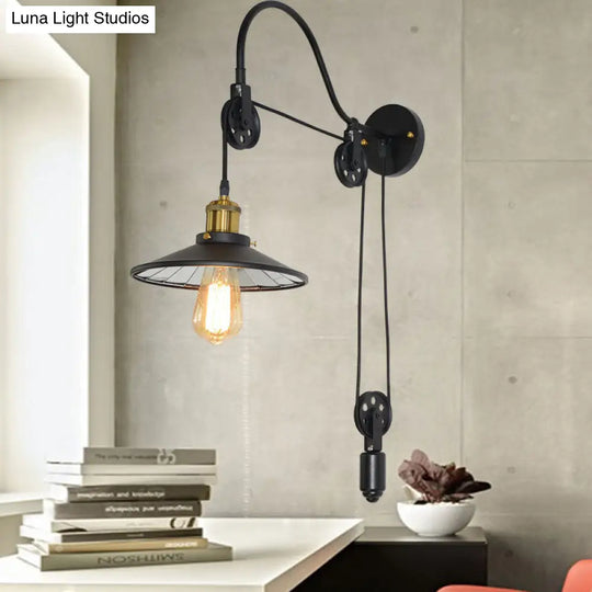 Industrial Black Flared Wall Light With Pulley And Gooseneck Arm