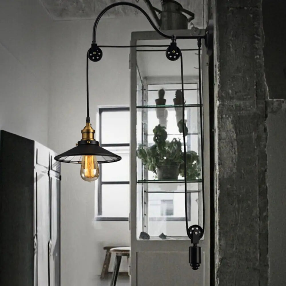 Industrial Black Flared Wall Light With Pulley And Gooseneck Arm