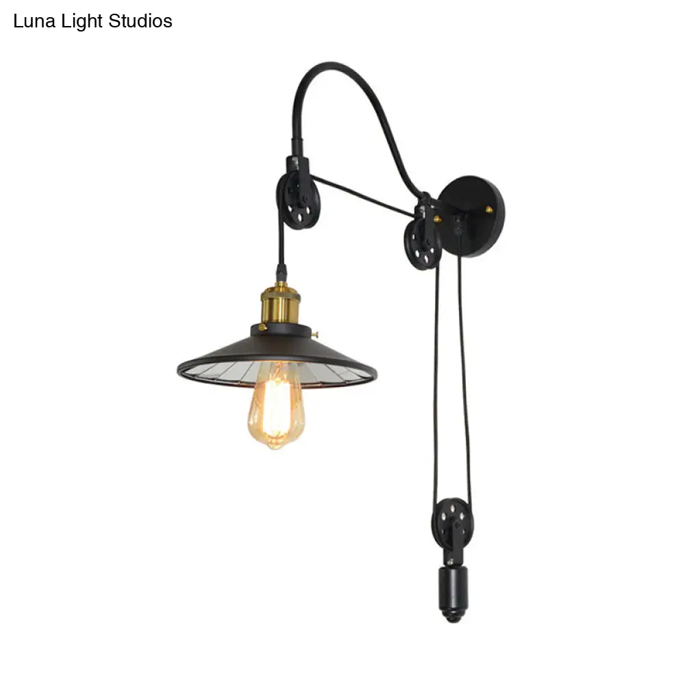 Industrial Black Flared Wall Light With Pulley And Gooseneck Arm