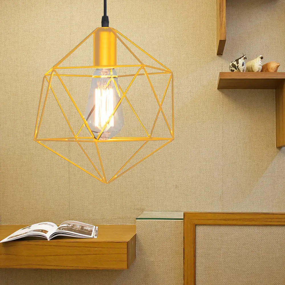 Industrial Black/Gold Geometric Cage Pendant Light - Metal Hanging Lamp For Kitchen Island Gold