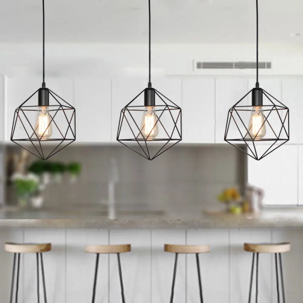 Industrial Black/Gold Geometric Cage Pendant Light - Metal Hanging Lamp For Kitchen Island Black