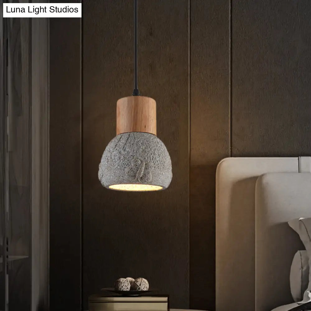 Industrial Black/Grey/Brown Head Cement Ceiling Light With Wood Dome And Butterfly Pattern- Bedroom