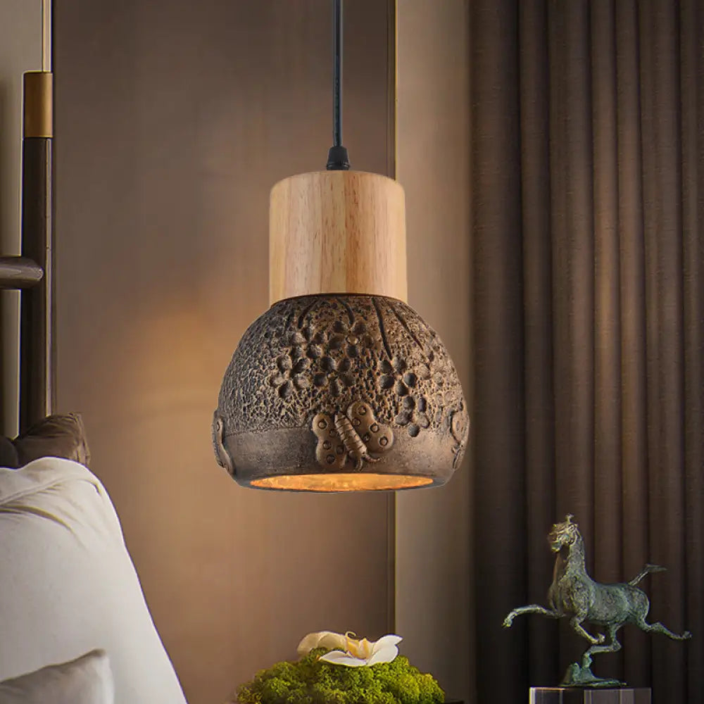 Industrial Black/Grey/Brown Head Cement Ceiling Light With Wood Dome And Butterfly Pattern- Bedroom