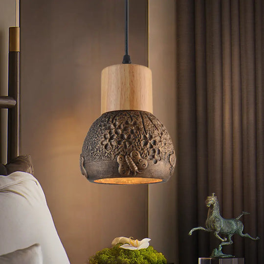 Industrial Black/Grey/Brown Head Cement Ceiling Light With Wood Dome And Butterfly Pattern- Bedroom