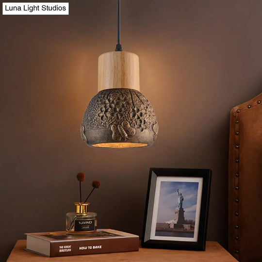 Industrial Black/Grey/Brown Head Cement Ceiling Light With Wood Dome And Butterfly Pattern- Bedroom