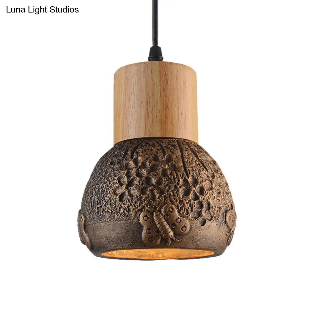 Industrial Black/Grey/Brown Head Cement Ceiling Light With Wood Dome And Butterfly Pattern- Bedroom