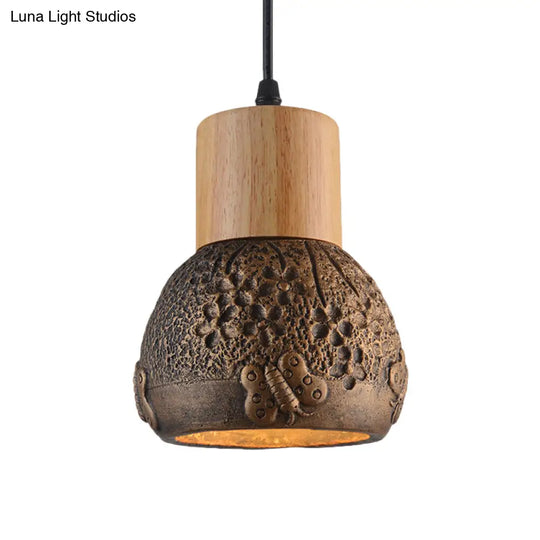 Industrial Black/Grey/Brown Head Cement Ceiling Light With Wood Dome And Butterfly Pattern- Bedroom