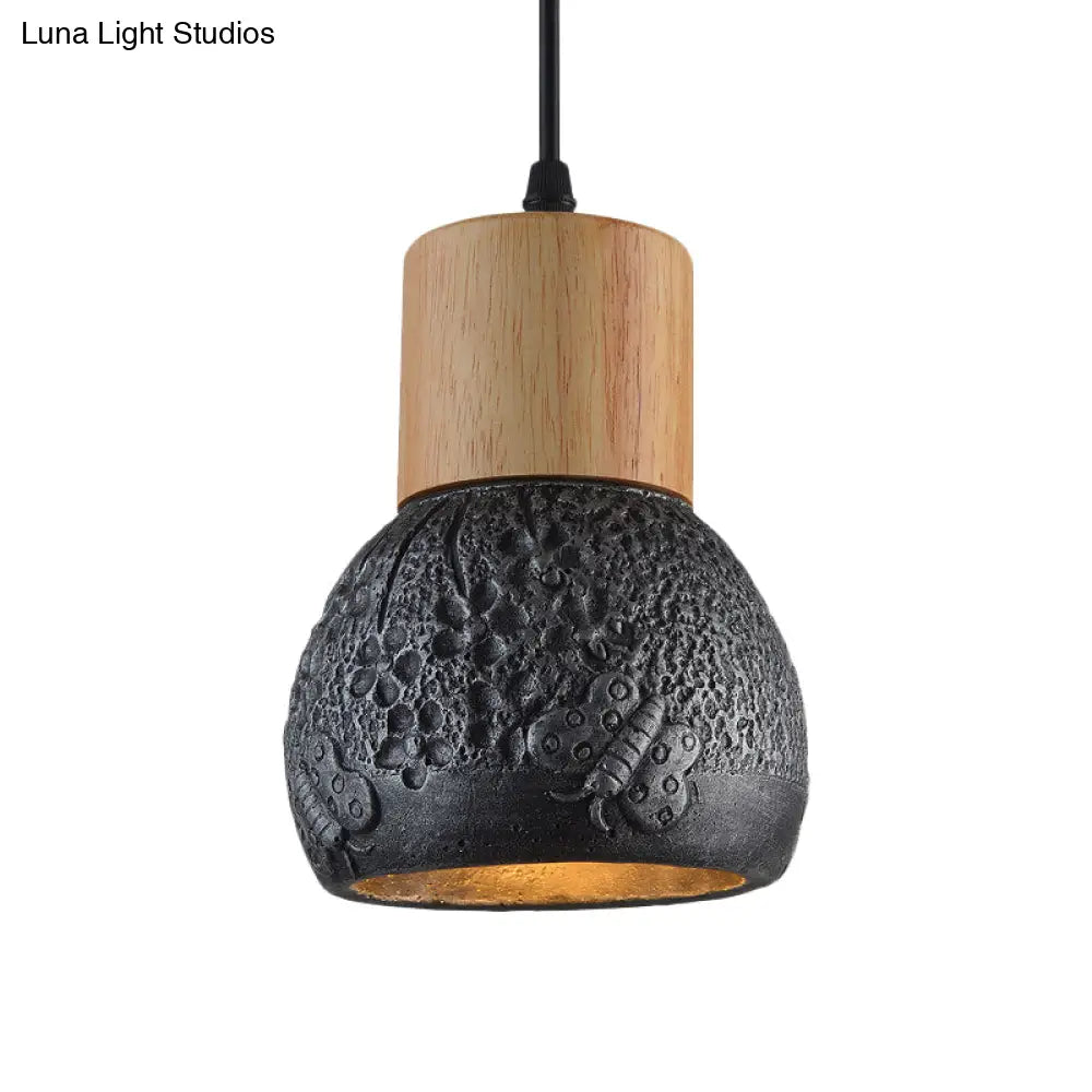 Industrial Black/Grey/Brown Head Cement Ceiling Light With Wood Dome And Butterfly Pattern- Bedroom