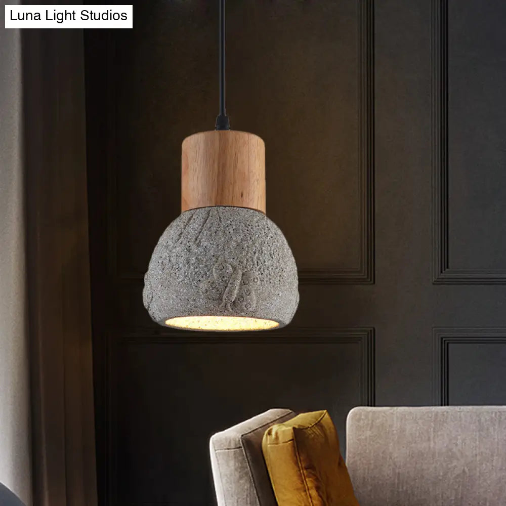 Industrial Black/Grey/Brown Head Cement Ceiling Light With Wood Dome And Butterfly Pattern- Bedroom