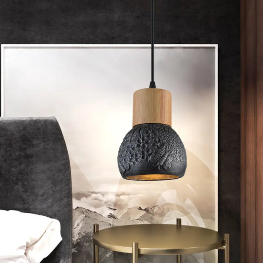 Industrial Black/Grey/Brown Head Cement Ceiling Light With Wood Dome And Butterfly Pattern- Bedroom