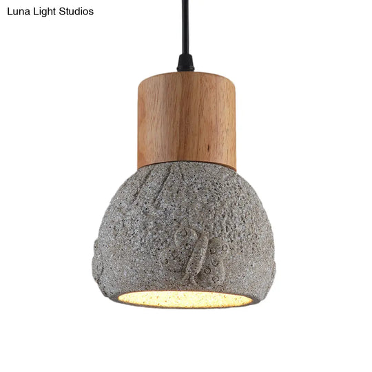 Industrial Black/Grey/Brown Head Cement Ceiling Light With Wood Dome And Butterfly Pattern- Bedroom