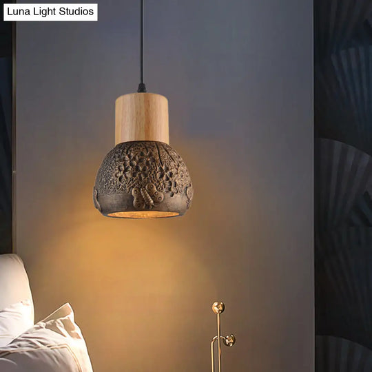 Industrial Black/Grey/Brown Head Cement Ceiling Light With Wood Dome And Butterfly Pattern- Bedroom