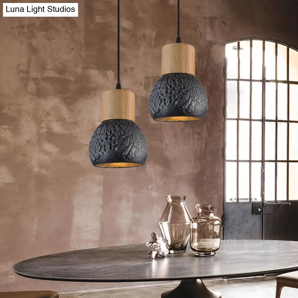 Industrial Black/Grey/Brown Head Cement Ceiling Light With Wood Dome And Butterfly Pattern- Bedroom