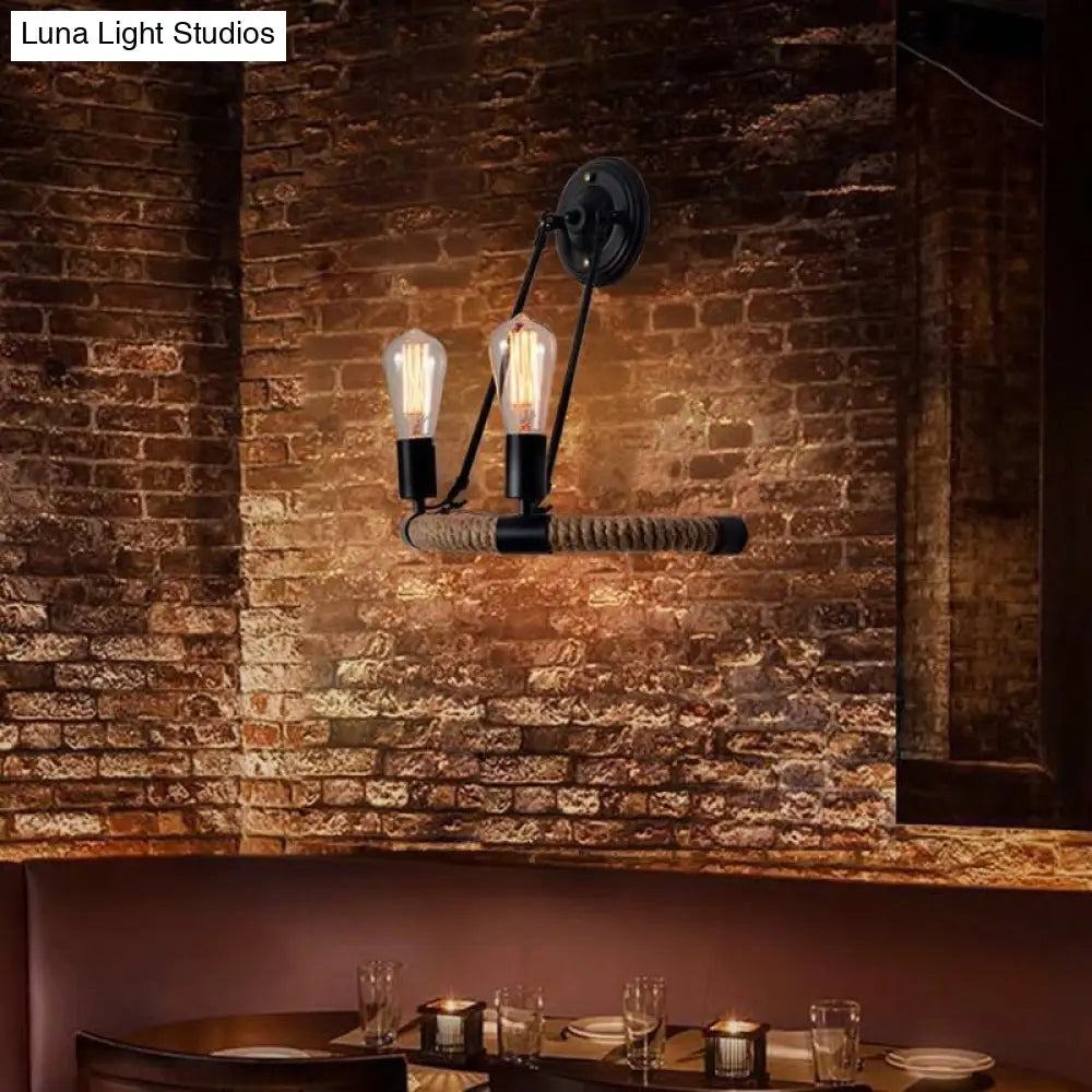 Industrial Black Hemp Rope Wall Sconce Lamp For Restaurants - 2-Head Arc Lighting Fixture