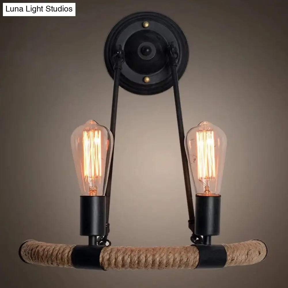 Industrial Black Hemp Rope Wall Sconce Lamp For Restaurants - 2-Head Arc Lighting Fixture