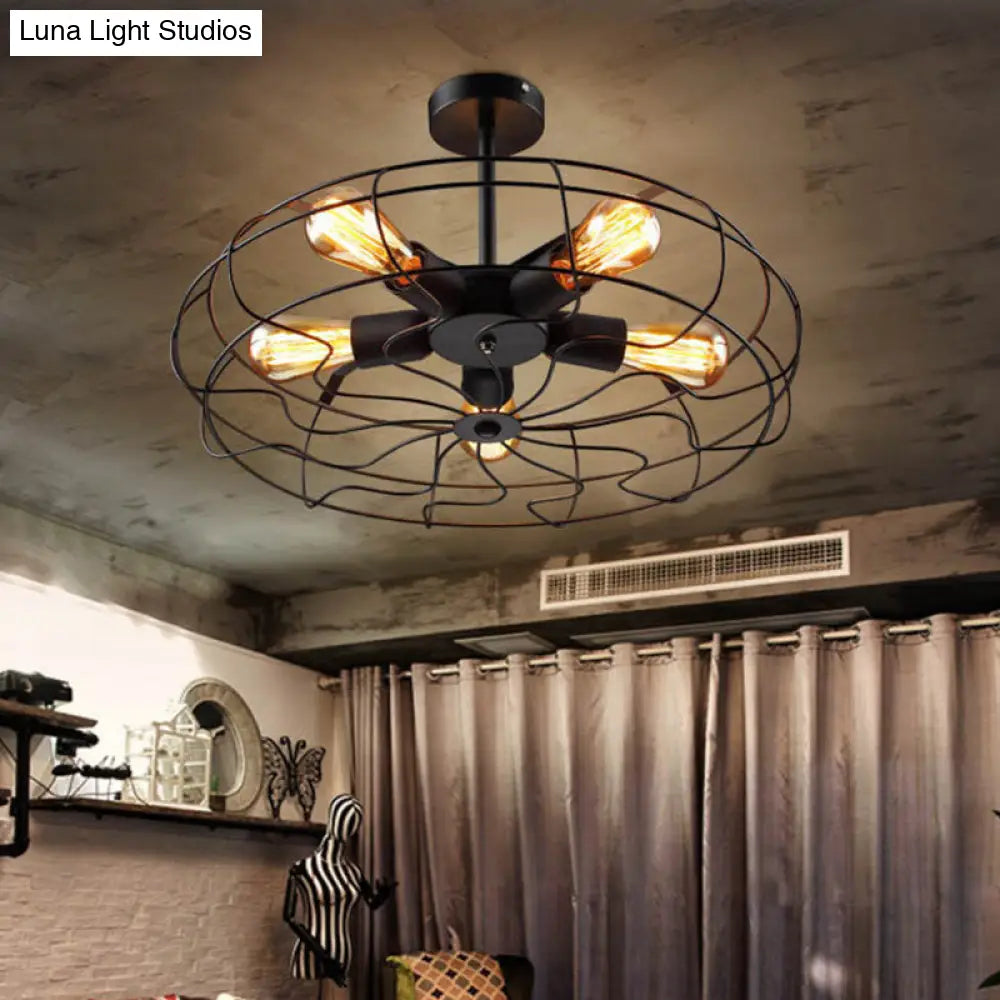 Industrial Black Iron 5-Light Round Cage Ceiling Lamp - Restaurant Semi Flush Light Fixture