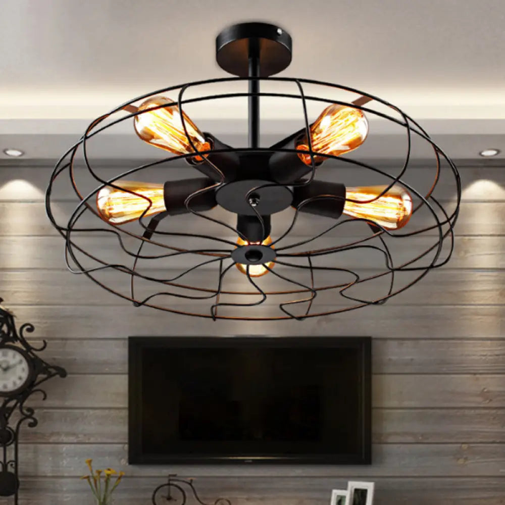 Industrial Black Iron 5 - Light Round Cage Ceiling Lamp - Restaurant Semi Flush Light Fixture