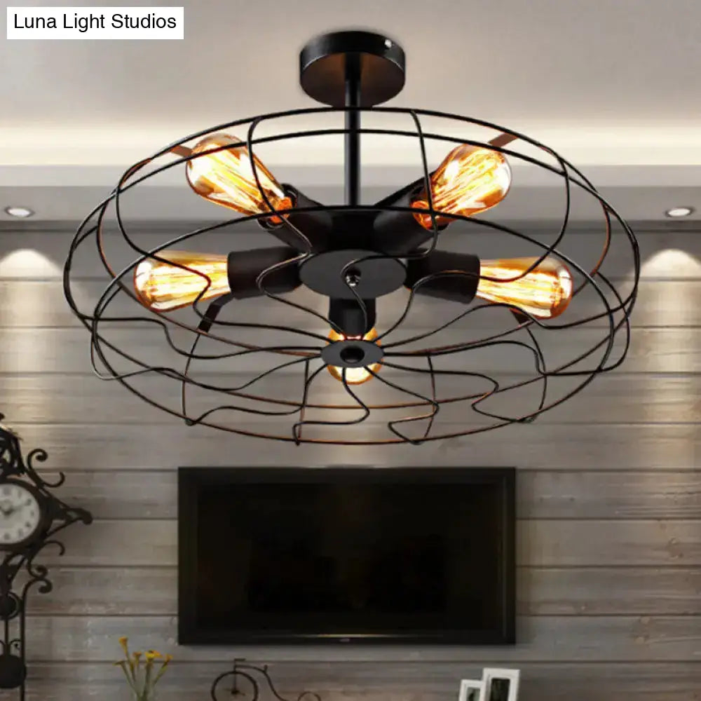 Industrial Black Iron 5-Light Round Cage Ceiling Lamp - Restaurant Semi Flush Light Fixture