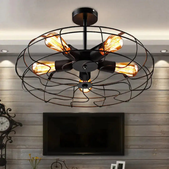 Industrial Black Iron 5-Light Round Cage Ceiling Lamp - Restaurant Semi Flush Light Fixture