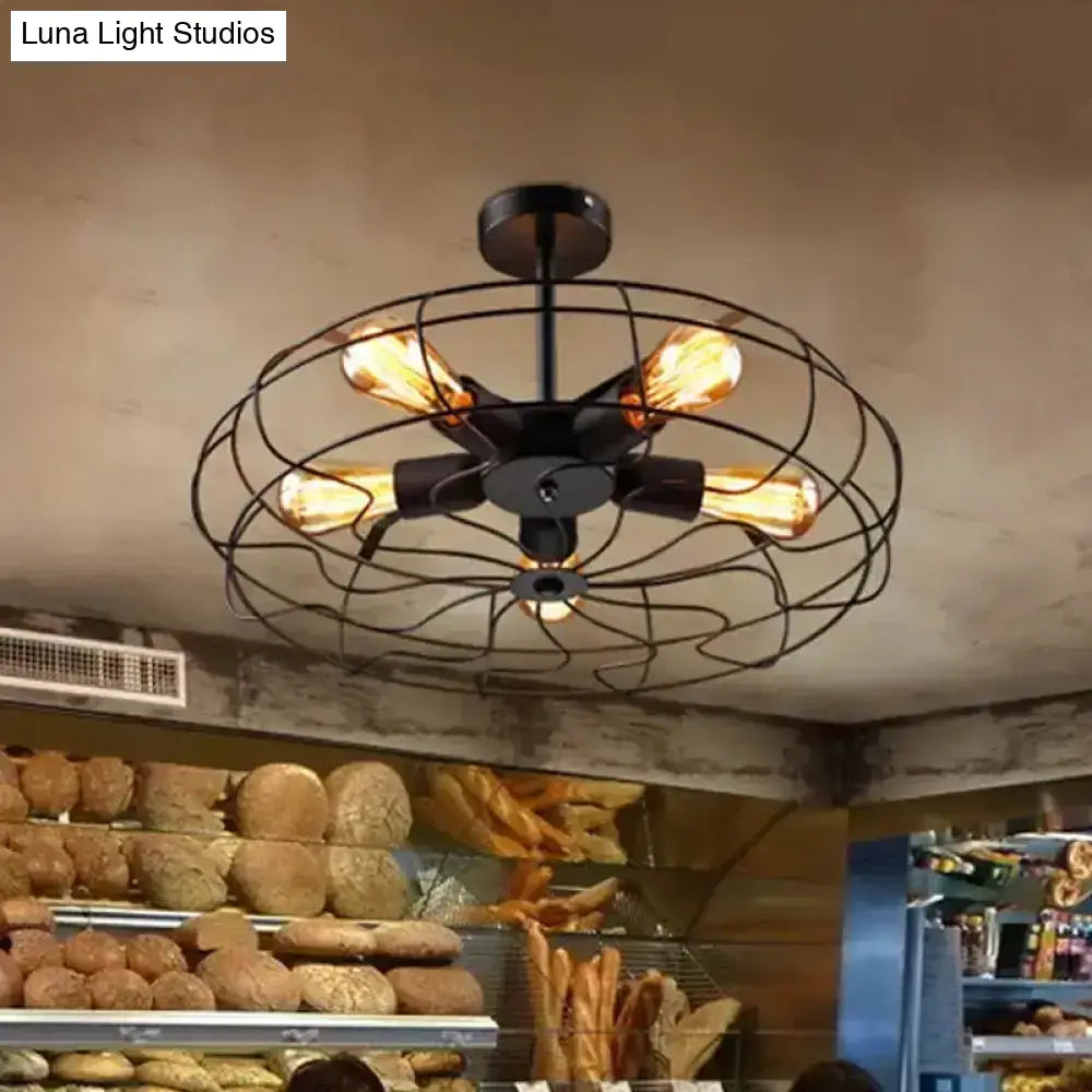 Industrial Black Iron 5-Light Round Cage Ceiling Lamp - Restaurant Semi Flush Light Fixture