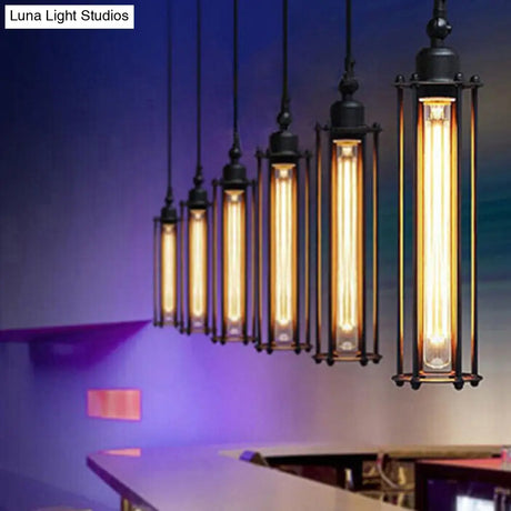 Industrial Black Iron Cage Pendant Light - 1-Bulb Cylindrical Ceiling Fixture For Bars