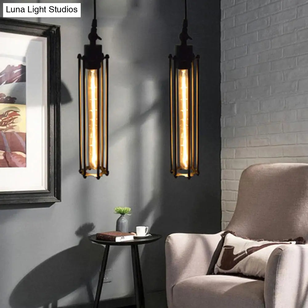 Industrial Black Iron Cage Pendant Light - 1-Bulb Cylindrical Ceiling Fixture For Bars