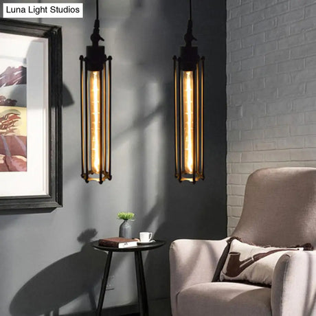 Industrial Black Iron Cage Pendant Light - 1-Bulb Cylindrical Ceiling Fixture For Bars