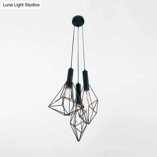 Industrial Black Iron Cage Pendant Hanging Light With 3 Lights For Cafe