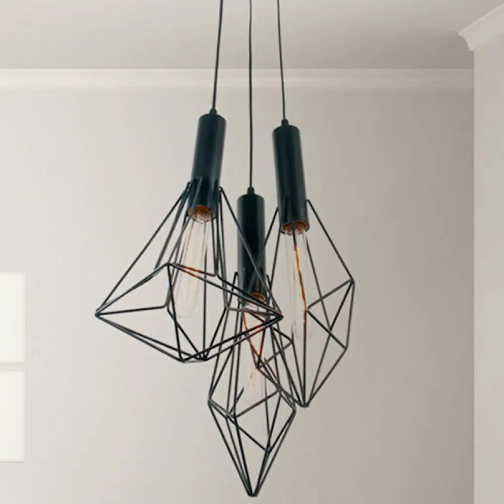 Industrial Black Iron Cage Pendant Light - Abstract Cafe Hanging Fixture With 3 Lights