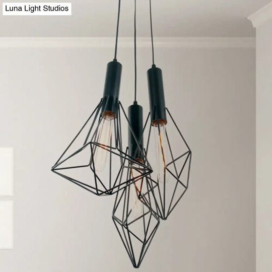 Industrial Black Iron Cage Pendant Hanging Light With 3 Lights For Cafe