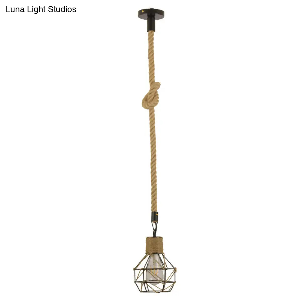 Industrial Black Iron Ceiling Pendant Light With Globe Cage And Rope Cord