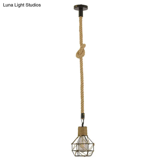 Industrial Black Iron Ceiling Pendant Light With Globe Cage And Rope Cord