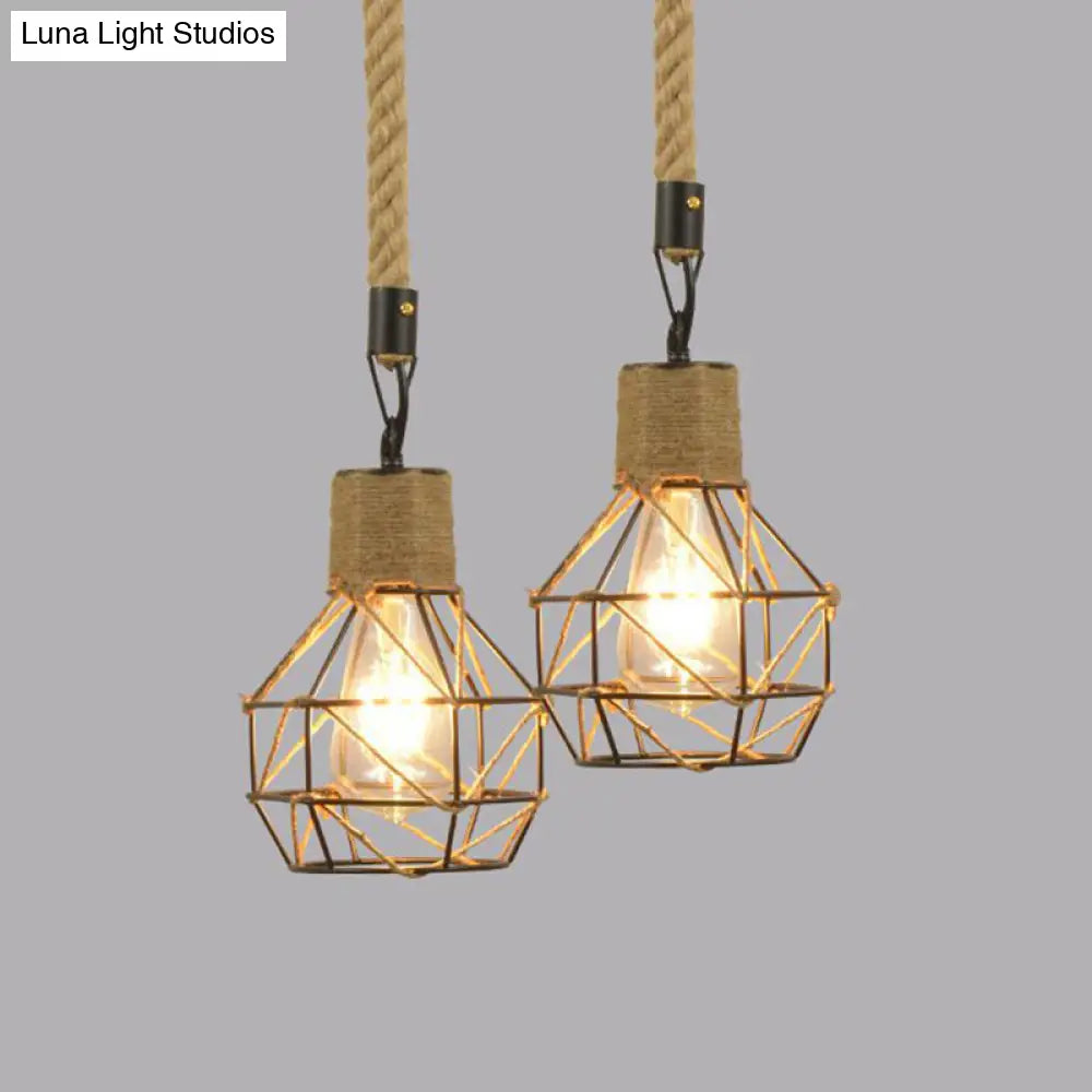 Industrial Black Iron Ceiling Pendant Light With Globe Cage And Rope Cord