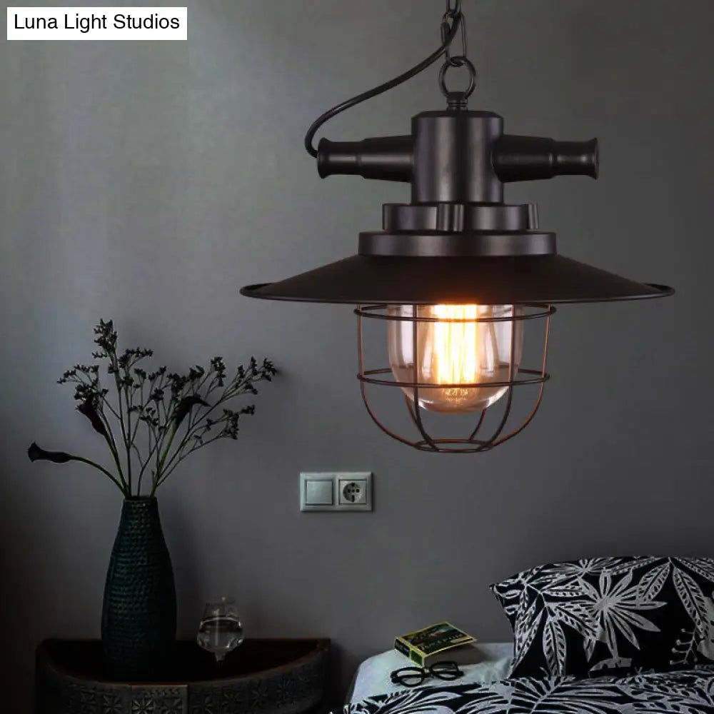 Black Iron Pendant Light With Clear Glass Shade And Cage Industrial Single-Bulb Saucer Design