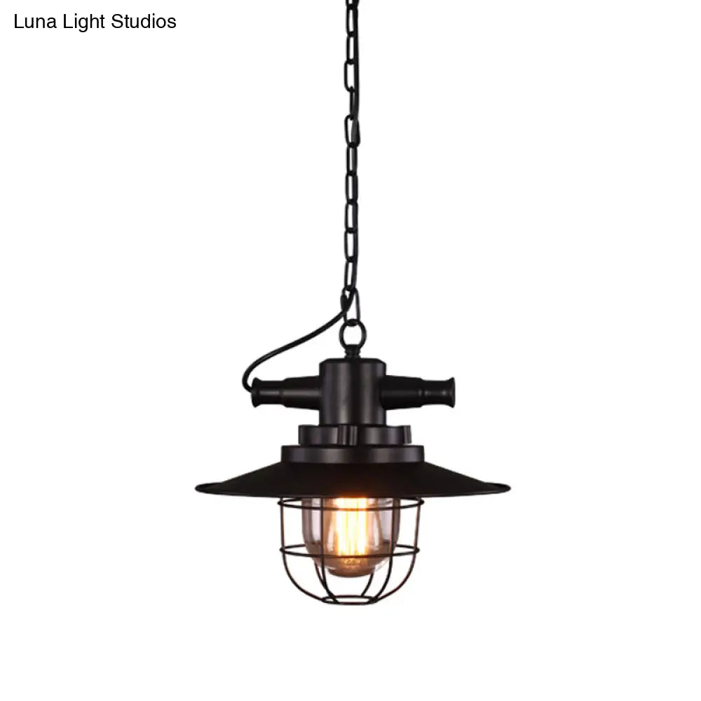 Black Iron Pendant Light With Clear Glass Shade And Cage Industrial Single-Bulb Saucer Design