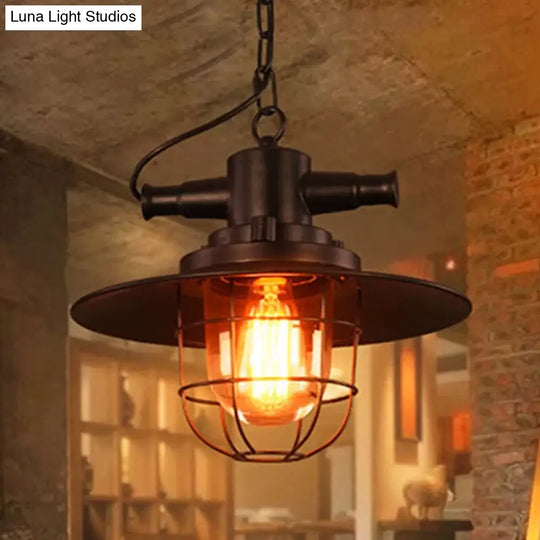 Black Iron Pendant Light With Clear Glass Shade And Cage Industrial Single-Bulb Saucer Design