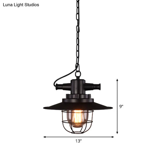 Black Iron Pendant Light With Clear Glass Shade And Cage Industrial Single-Bulb Saucer Design