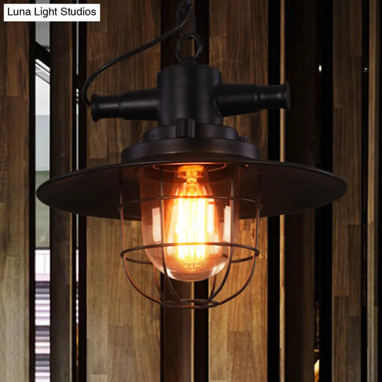 Black Iron Pendant Light With Clear Glass Shade And Cage Industrial Single-Bulb Saucer Design