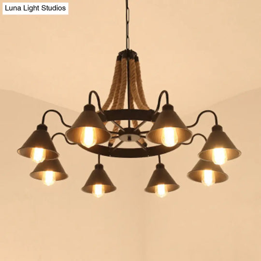 Industrial Black Conical Chandelier - Stylish Iron Suspension Lighting With Wheel And Hemp Detail 8