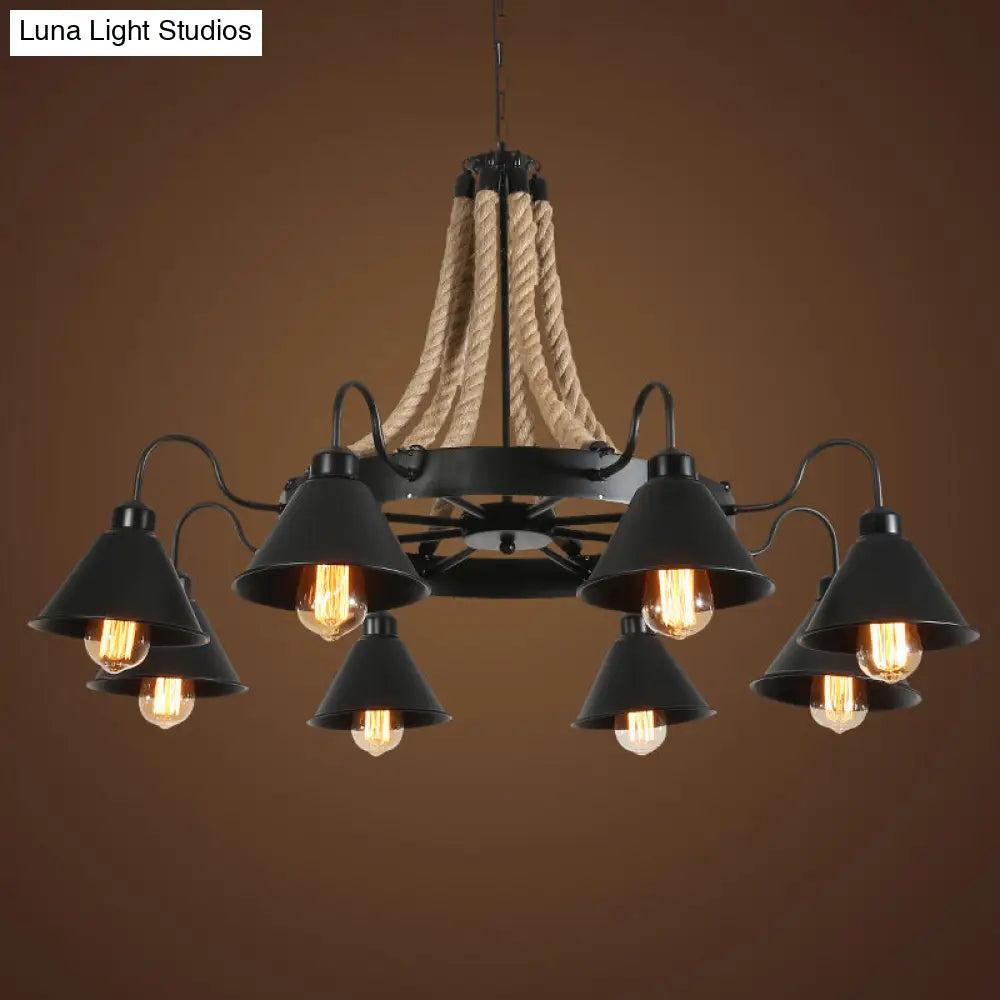 Industrial Black Conical Chandelier - Stylish Iron Suspension Lighting With Wheel And Hemp Detail