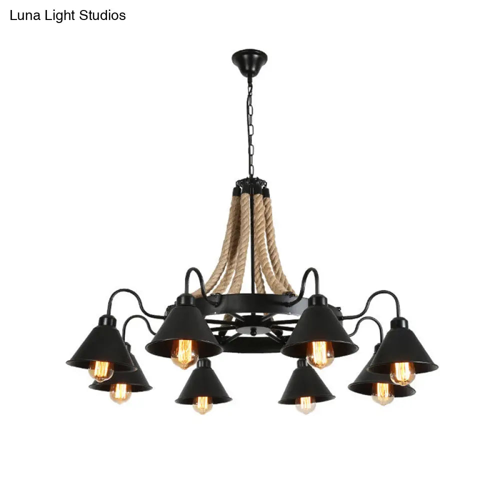 Industrial Black Conical Chandelier - Stylish Iron Suspension Lighting With Wheel And Hemp Detail