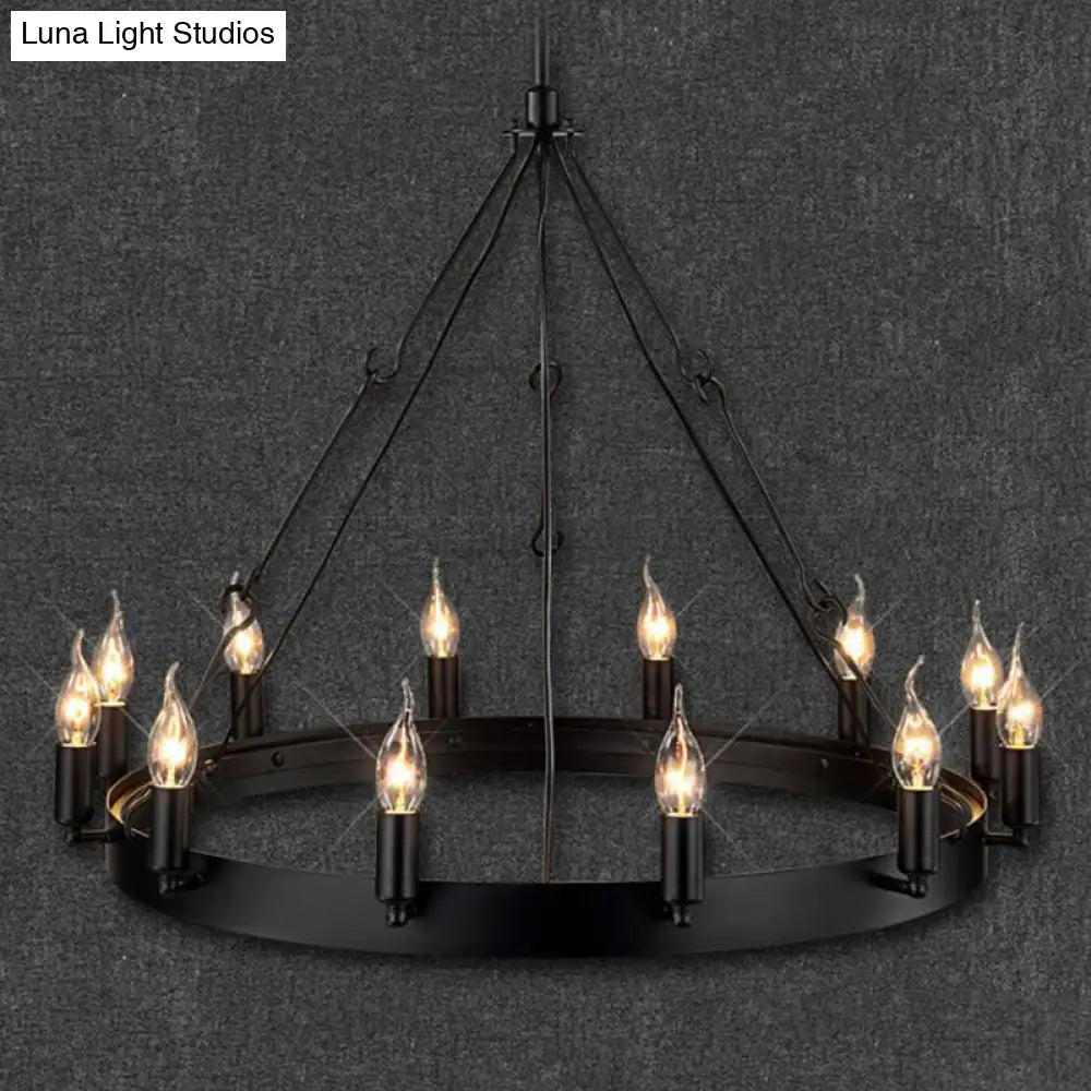 Industrial Black Iron Circle Chandelier With 12/18 Lights Bare Bulb Design - Hanging Lamp Kit