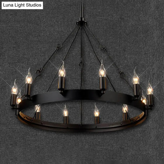 Industrial Black Iron Circle Chandelier With 12/18 Lights Bare Bulb Design - Hanging Lamp Kit