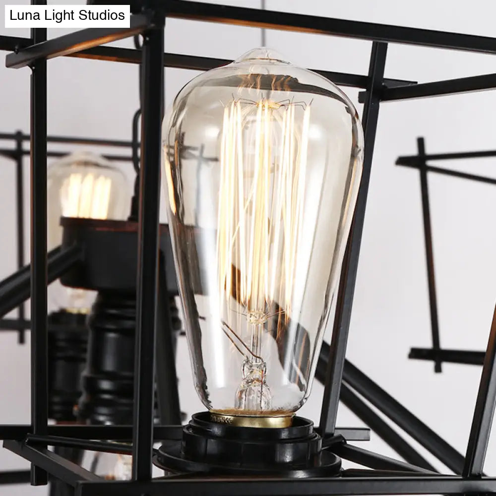 Industrial Black Iron Multi-Light Cage Pendant Chandelier For Restaurants