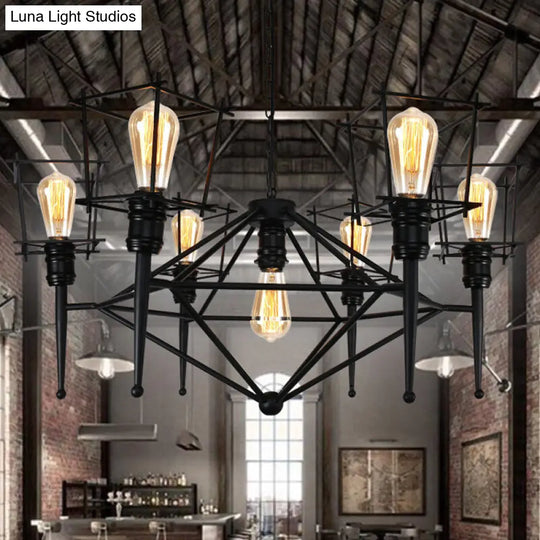 Industrial Black Iron Pendant Lighting - Squared Cage Style For Restaurants