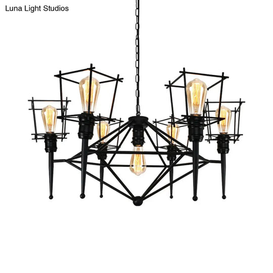 Industrial Black Iron Pendant Lighting - Squared Cage Style For Restaurants