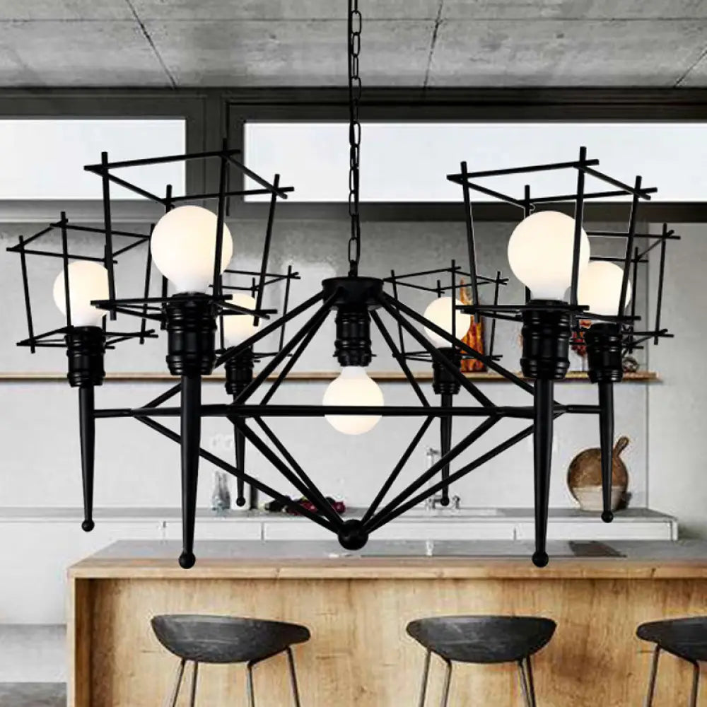 Industrial Black Iron Multi-Light Cage Pendant Chandelier For Restaurants