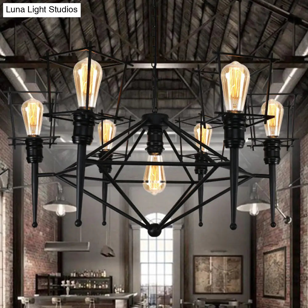 Industrial Black Iron Multi-Light Cage Pendant Chandelier For Restaurants