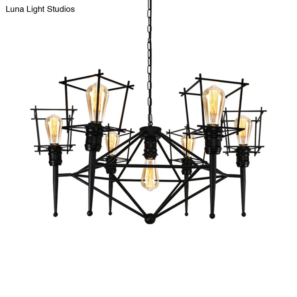 Industrial Black Iron Multi-Light Cage Pendant Chandelier For Restaurants