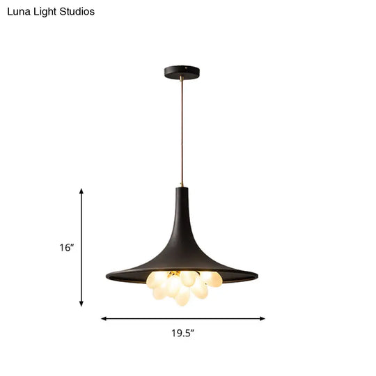 Industrial Black Iron Pendant Chandelier With Wide Flared Shade – Grapes Frosted Glass Dining